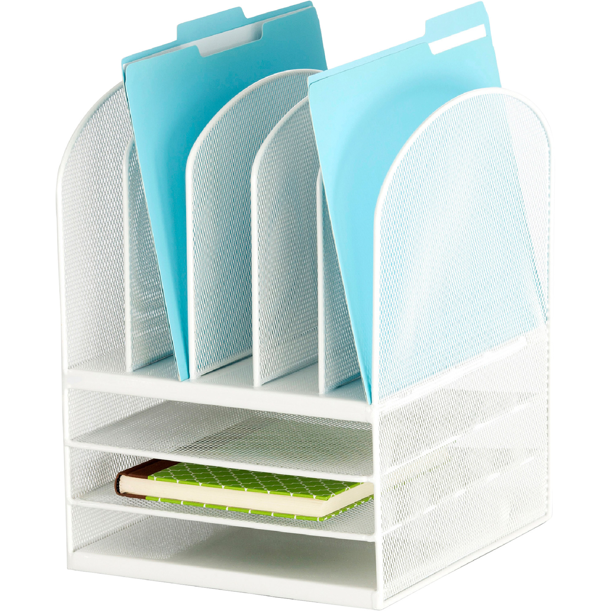 Safco Onyx Mesh Desktop Organizer-- 5 Vertical Sections, 3 Horizontal Shelves, White, Model# 3266WH
